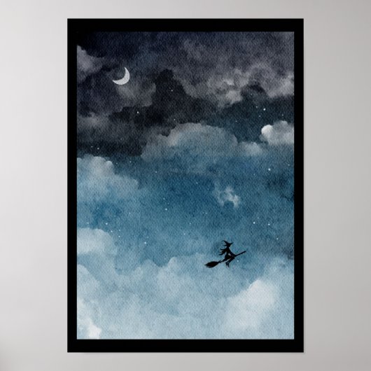 Poster Sorcière aquarelle sur un ciel nocturne sombre (Devant)