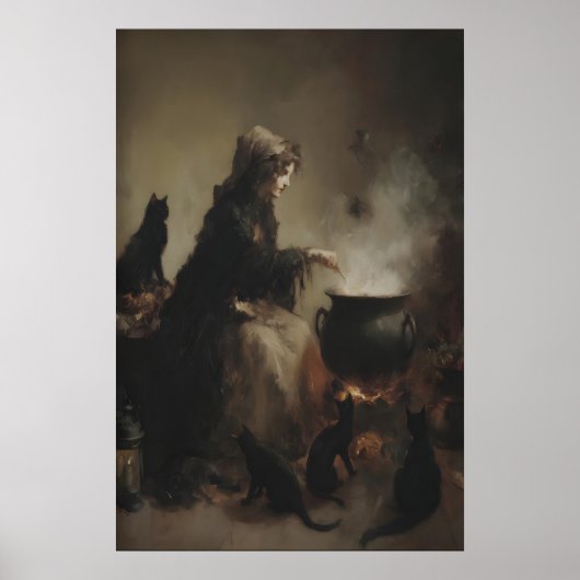 Poster Sorcière avec chats noirs et chaudron, sombre (Devant)