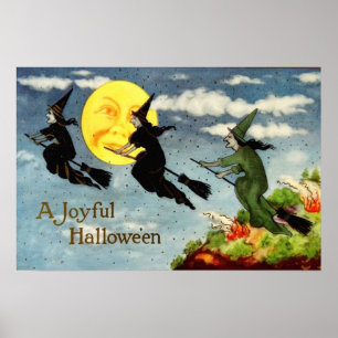 Poster Sorcière Balai Volant Homme Dans La Lune Ciel