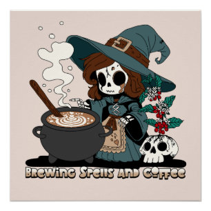 Poster Sorcière brasser des sorts et du café
