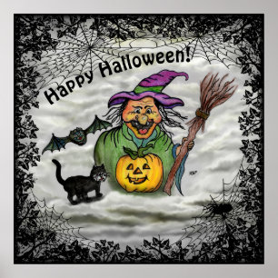 Poster Sorcière, Chat, Chauve-souris et Citrouille, Joyeu