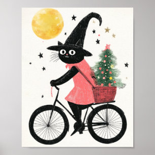 Poster Sorcière Chat Noir Cyclisme Noël Mignon et Effraya