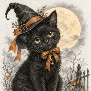 Poster Sorcière Chat Noir Sous La Pleine Lune