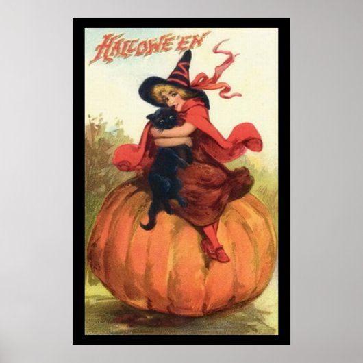 Poster Sorcière Citrouille d'Halloween en rouge sur un ci (Devant)