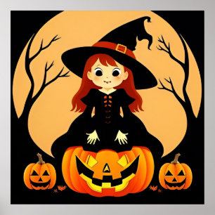 Poster Sorcière dans un décor d'Halloween avec des citrou