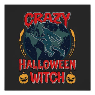 Poster Sorcière de Halloween fou Citrouille Volant Lune N