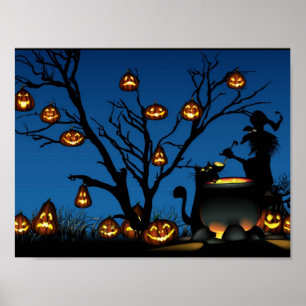 Poster Sorcière d'Halloween avec citrouille