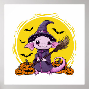 Poster Sorcière d'Halloween Axolotl Mignon