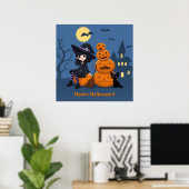 Poster Sorcière d'Halloween, chat noir et citrouilles (Bureau à domicile)