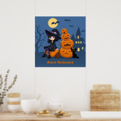 Poster Sorcière d'Halloween, chat noir et citrouilles (Cuisine)