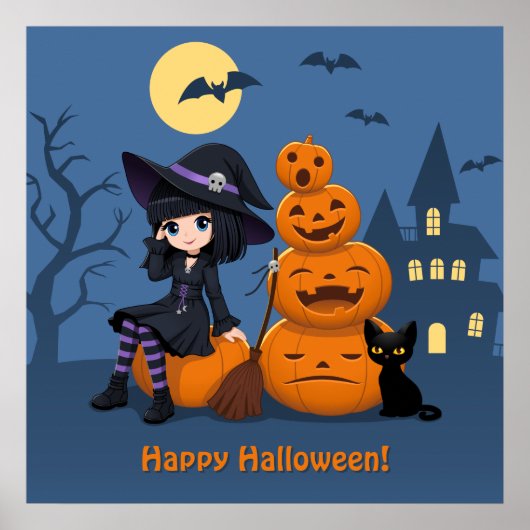 Poster Sorcière d'Halloween, chat noir et citrouilles (Devant)