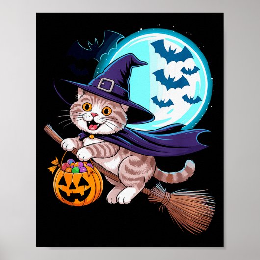 Poster Sorcière d'Halloween Scottish Fold Lune Coupari  (Devant)
