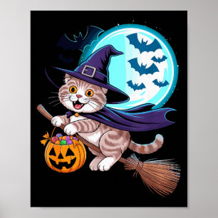 Poster Sorcière d'Halloween Scottish Fold Lune Coupari
