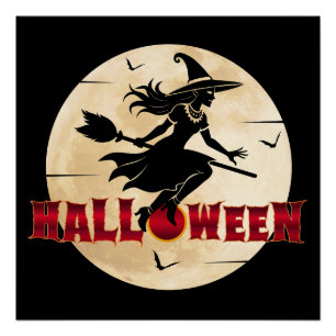 Poster Sorcière d'Halloween sur un balai