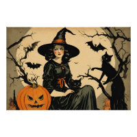 Sorcière d'Halloween vintage, Citrouille, Chat noi