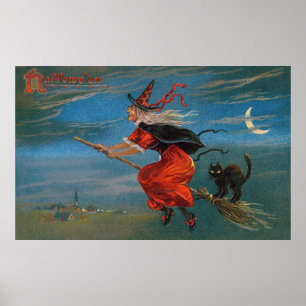 Poster Sorcière d'Halloween Volant Chat Noir la Nuit