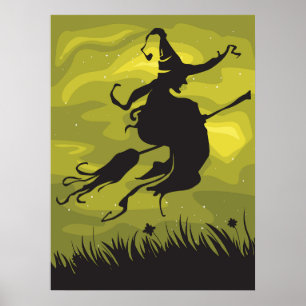 Poster Sorcière effrayante d'Halloween volant sur un bala