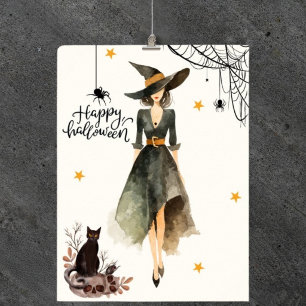 Poster Sorcière Élégante Vintage Chat Araignées Gothique
