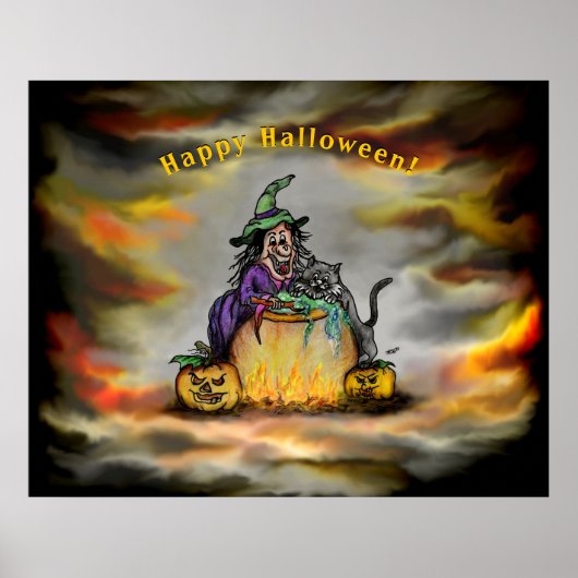 Poster Sorcière et chat noir, Joyeux Halloween ! (Devant)