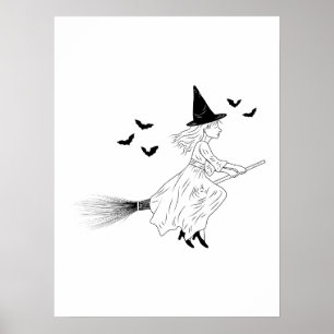 Poster Sorcière et chauves-souris, simple ligne d'art min