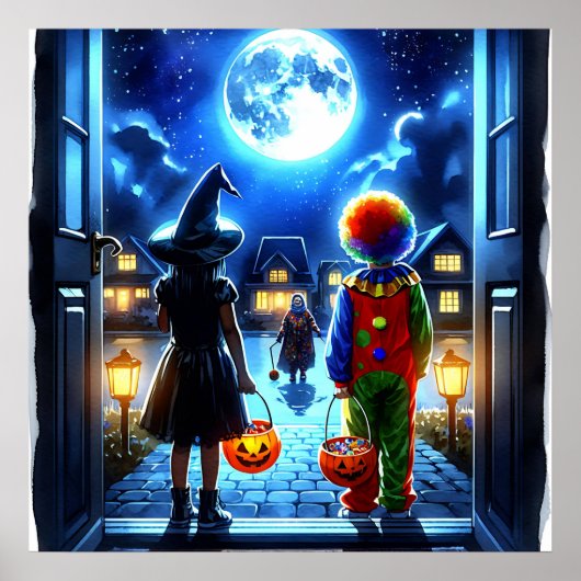 Poster Sorcière et clown regardant un Halloween monstre (Devant)