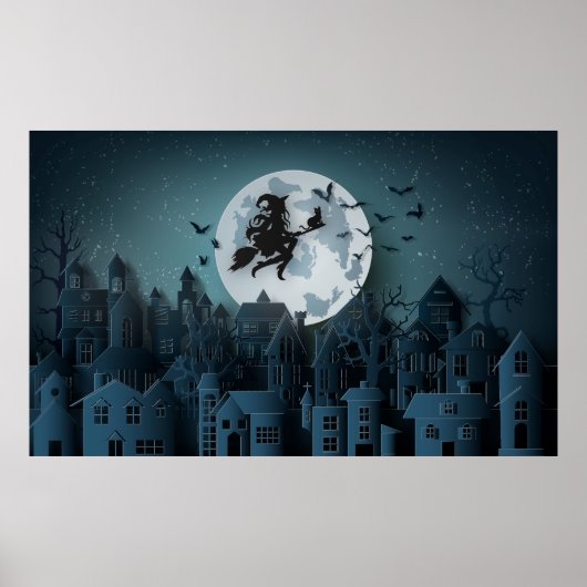 Poster Sorcière Halloween coupée au-dessus du village (Devant)