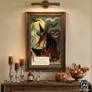 Poster Sorcière Halloween Vintage remuant un chaudron mag