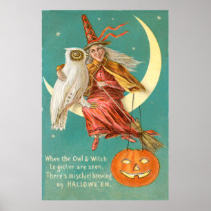 Poster Sorcière Hibou Croissant de Lune Citrouille d'Hall