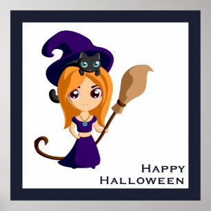 Poster Sorcière mignonne en Casquette violet Halloween