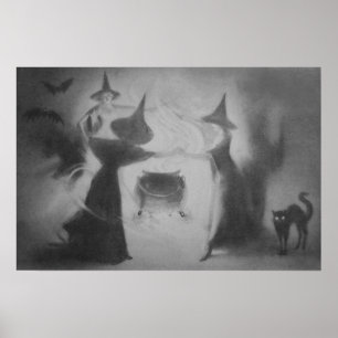 Poster Sorcière monochrome Chauve-souris Nuit Chaudron Ch