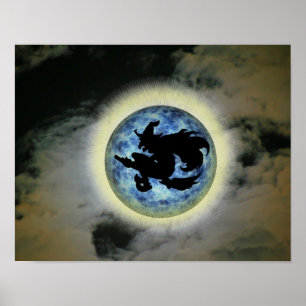 Poster Sorcière Sur Broom Pleine lune Bleue Halloween