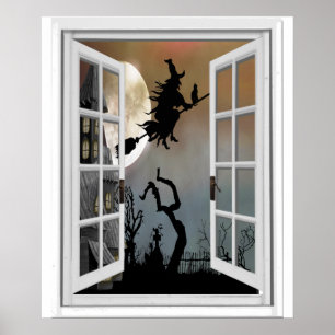Poster Sorcière sur la vue Halloween de fenêtre de manche
