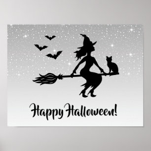 Poster Sorcière Sur Un Balai Halloween Gris Argent Et Noi