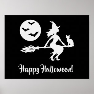 Poster Sorcière Sur Un Balai Noir Et Blanc Joyeux Hallowe