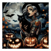 Poster Sorcière tatouée avec chat noir et Pleine lune (Devant)