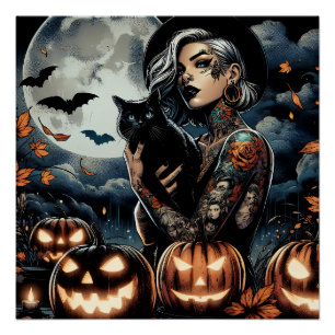 Poster Sorcière tatouée avec chat noir et Pleine lune
