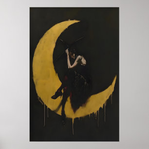 Poster Sorcière Vintage Croissant de Lune Mur Sombre Enso