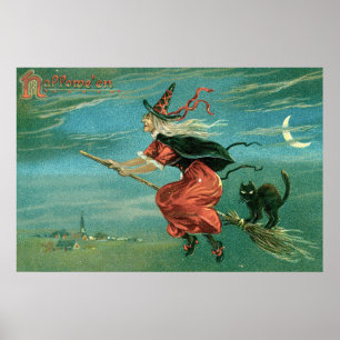 Poster Sorcière vintage d'Halloween avec chat noir
