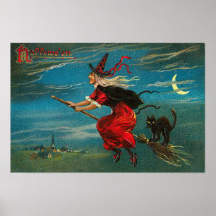 Poster Sorcière Volant Chat noir Crescent Lune