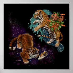 Poster Sort dans les étoiles Tigres Motif Dark Arrière - 