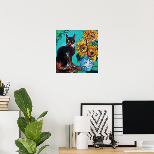 POSTER SOUCHES AVEC CHAT NOIR EN TURQUOISE BLEUE (Bureau à domicile)