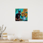 POSTER SOUCHES AVEC CHAT NOIR EN TURQUOISE BLEUE (Cuisine)