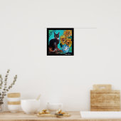 POSTER SOUCHES AVEC CHAT NOIR EN TURQUOISE BLEUE (Cuisine)