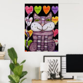 Poster Souriant Violet Valentine Chat Coeurs bonbons Noir (Bureau à domicile)