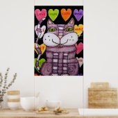 Poster Souriant Violet Valentine Chat Coeurs bonbons Noir (Cuisine)