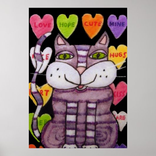 Poster Souriant Violet Valentine Chat Coeurs bonbons Noir (Devant)