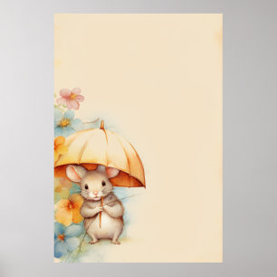 Poster Souris avec parapluie jaune bleu orange rose fleur