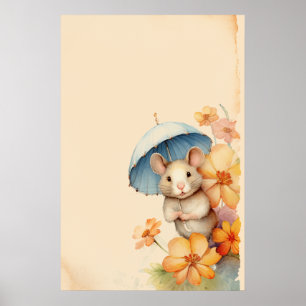 Poster Souris bleu fleurs parapluie vieux papier