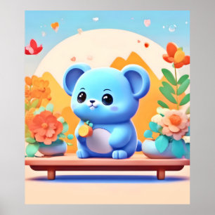 Poster Souris bleu mignonne avec fleurs
