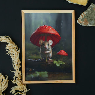 Poster Souris mignonne dans le champignon de forêt parapl
